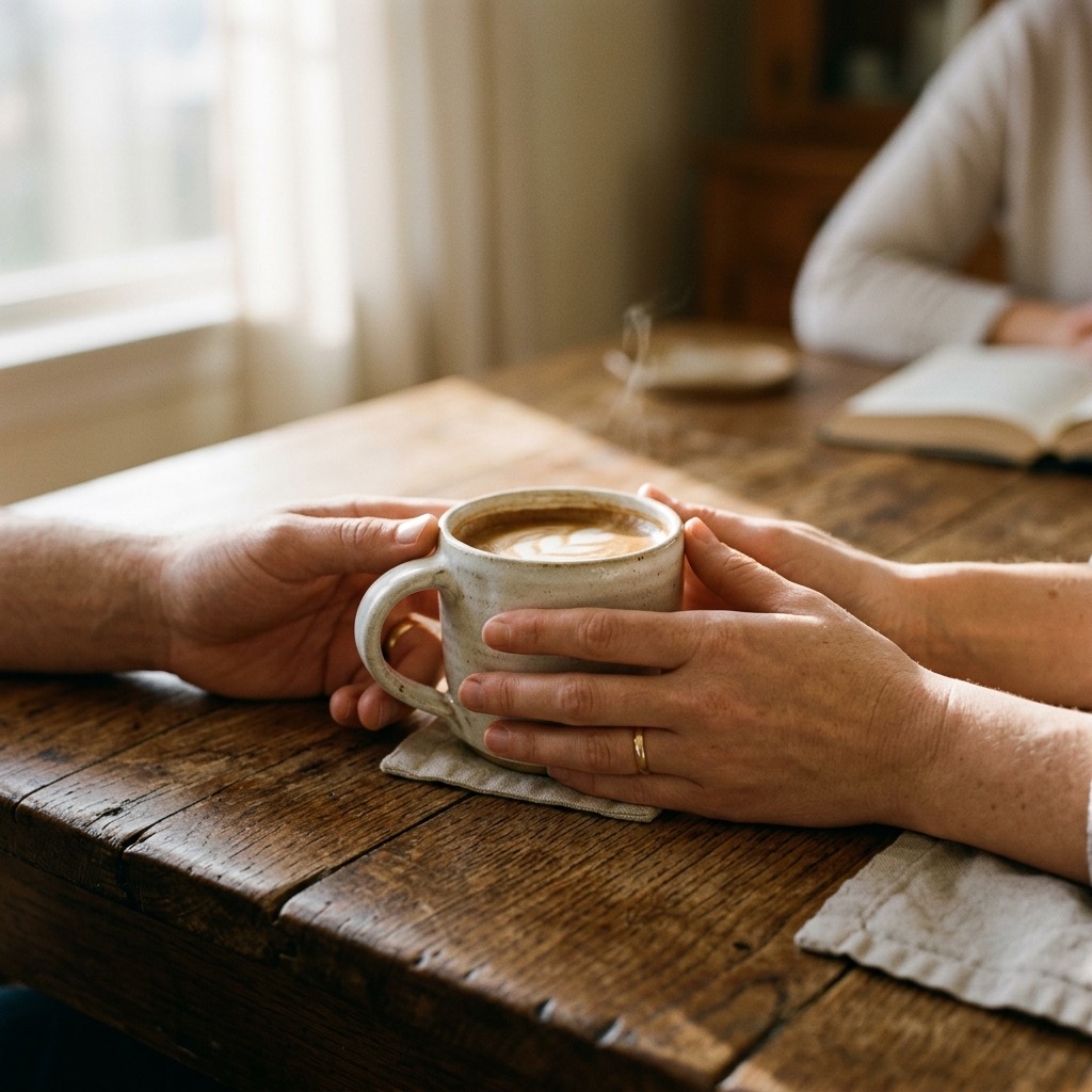 Fragmento doméstico e cotidiano de bem-estar, mãos segurando uma xícara de café sobre mesa de madeira